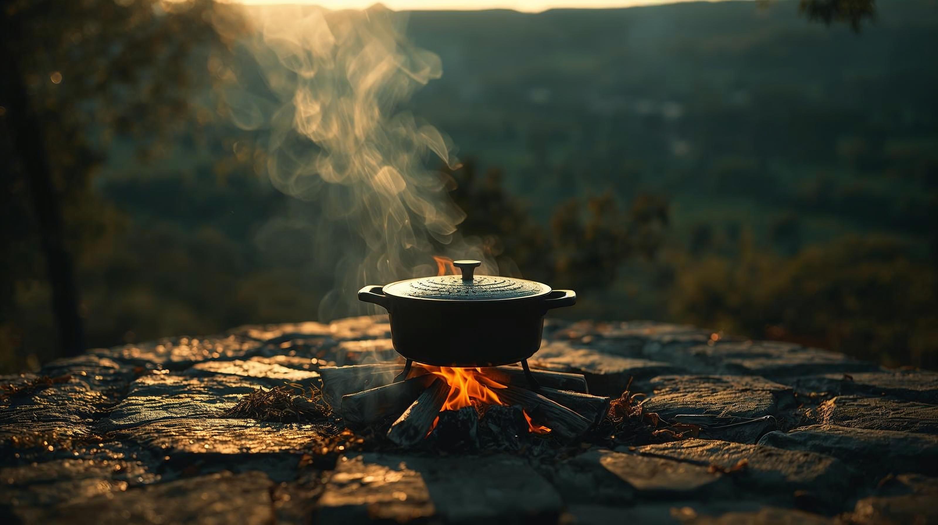 Food cooked over open fire with warm, cinematic lighting